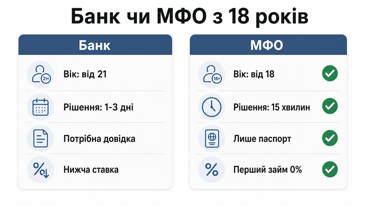 Порівняння банк чи МФО для отримання кредиту з 18 років