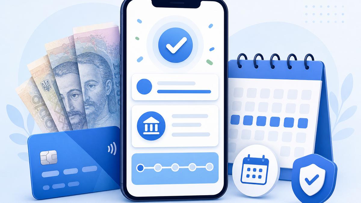 Смартфон с интерфейсом заявки, банковская карта и банкноты гривны