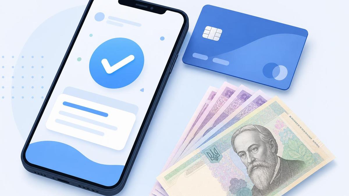 Смартфон с одобренной заявкой, банковская карта и гривны