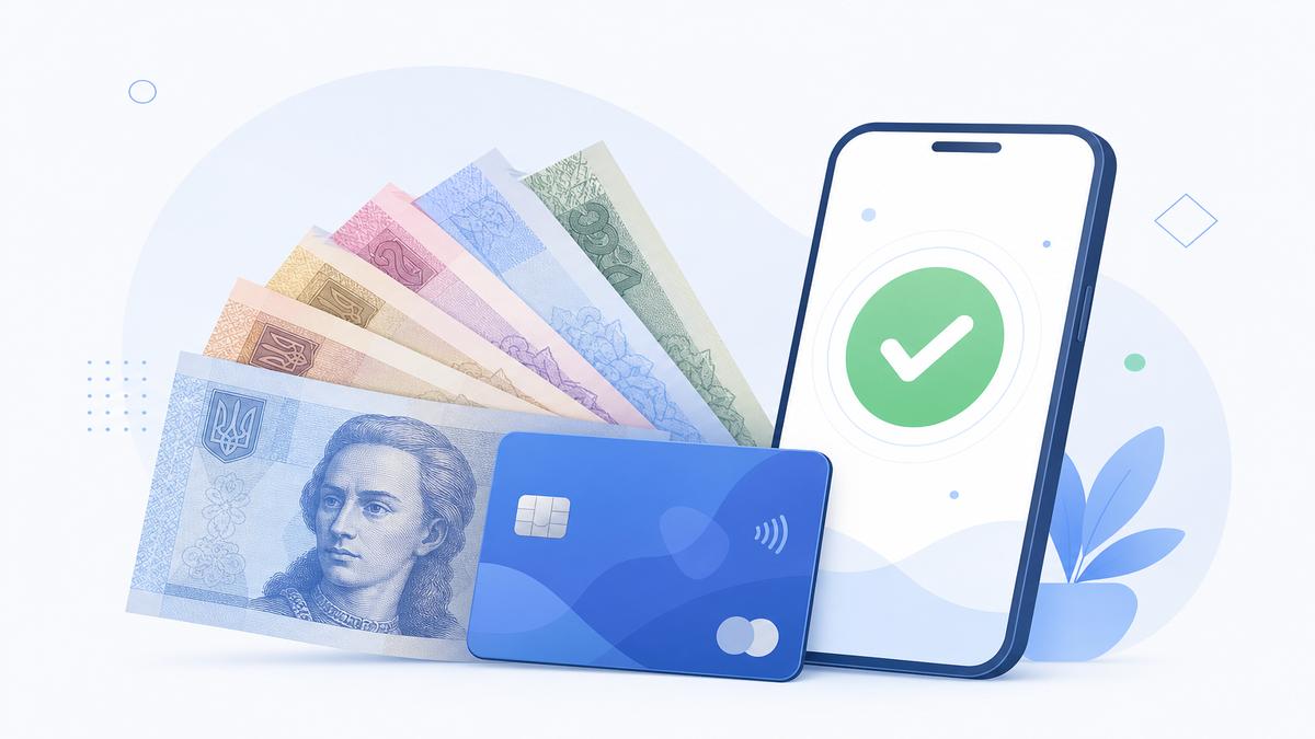 Гривневі купюри, банківська картка та смартфон на світлому тлі